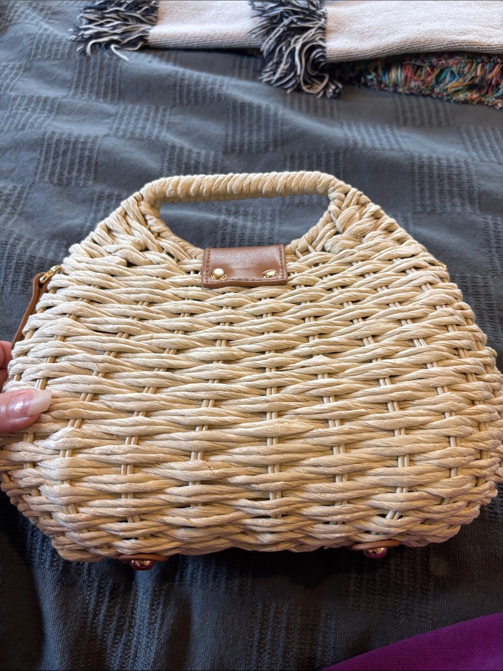 Woven Mini Top-Handle Bag in Natural with Tan Trim - Picture 3 of 5